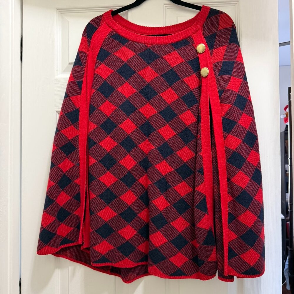 Red & Navy Plaid Sweater Poncho with Gold Buttons OSFA